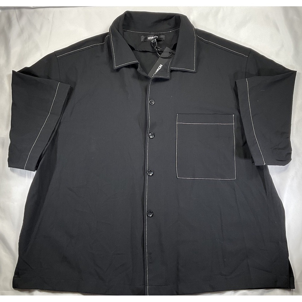 Nova Men Contrast White Stitch Cropped Black Short Sleeve Button Down Size L 6